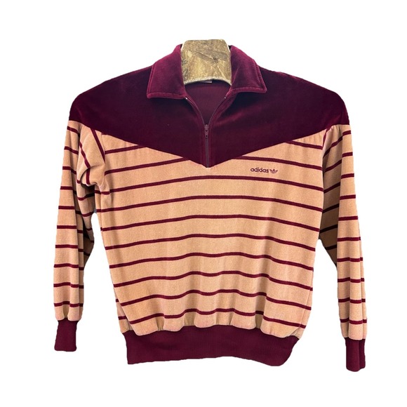 Vtg Adidas Striped Pullover Sz M Red Terry Collar Cotton Retro 1/4 Zip 70s 80s - Picture 1 of 7